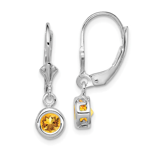Rhodium-plated Sterling Silver 5mm Round Citrine Leverback Earrings