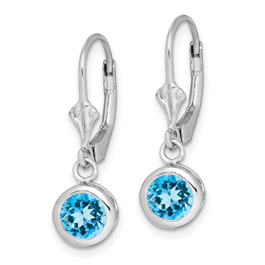 Rhodium-plated Sterling Silver 6mm Round Blue Topaz Leverback Earrings