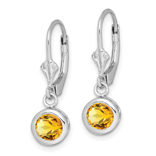 Rhodium-plated Sterling Silver 6mm Round Citrine Leverback Earrings