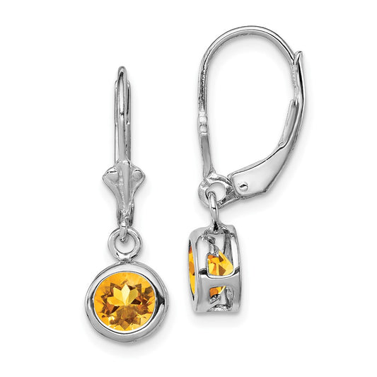 Rhodium-plated Sterling Silver 6mm Round Citrine Leverback Earrings