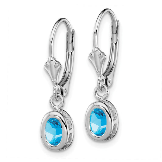 Rhodium-plated Sterling Silver 6x4mm Oval Blue Topaz Leverback Earrings