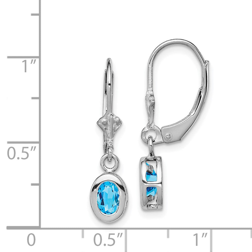 Rhodium-plated Sterling Silver 6x4mm Oval Blue Topaz Leverback Earrings