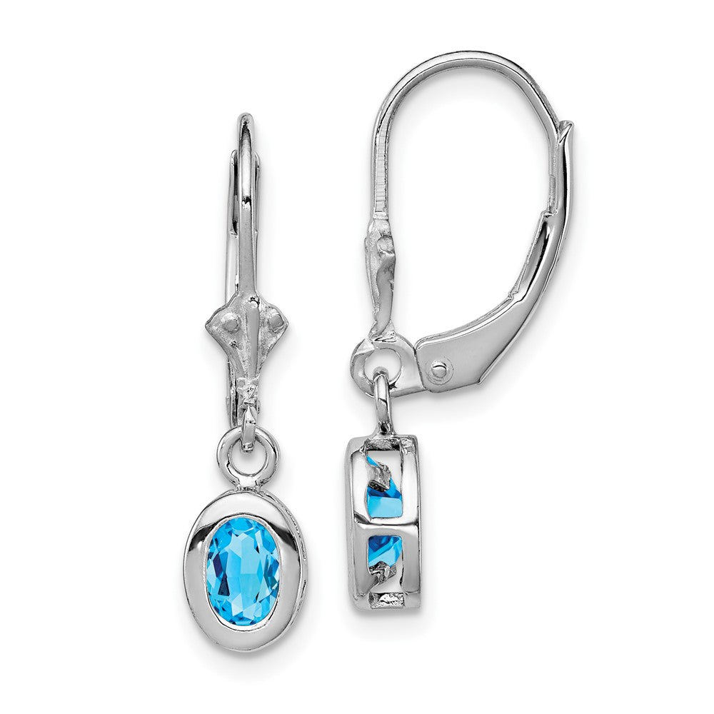 Rhodium-plated Sterling Silver 6x4mm Oval Blue Topaz Leverback Earrings