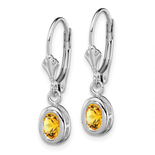 Rhodium-plated Sterling Silver 6x4mm Oval Citrine Leverback Earrings