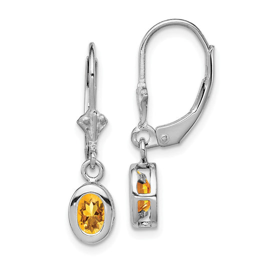 Rhodium-plated Sterling Silver 6x4mm Oval Citrine Leverback Earrings