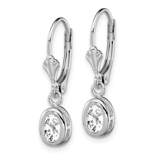 Rhodium-plated Sterling Silver 6x4mm Oval CZ Leverback Earrings