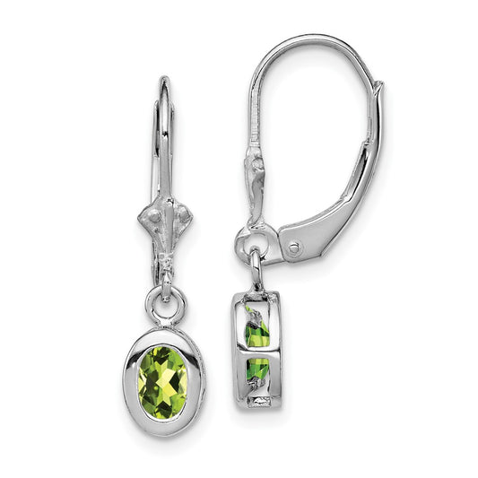 Rhodium-plated Sterling Silver 6x4mm Oval Peridot Leverback Earrings