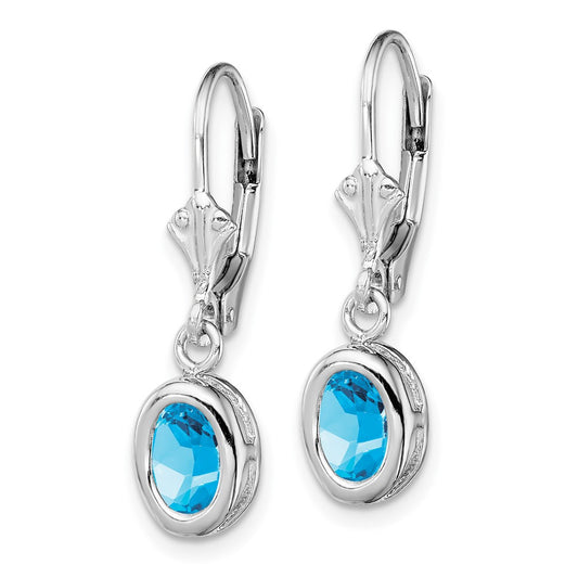 Rhodium-plated Sterling Silver 7x5mm Oval Blue Topaz Leverback Earrings