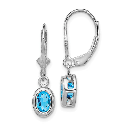 Rhodium-plated Sterling Silver 7x5mm Oval Blue Topaz Leverback Earrings