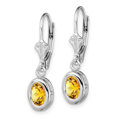 Rhodium-plated Sterling Silver 7x5mm Oval Citrine Leverback Earrings