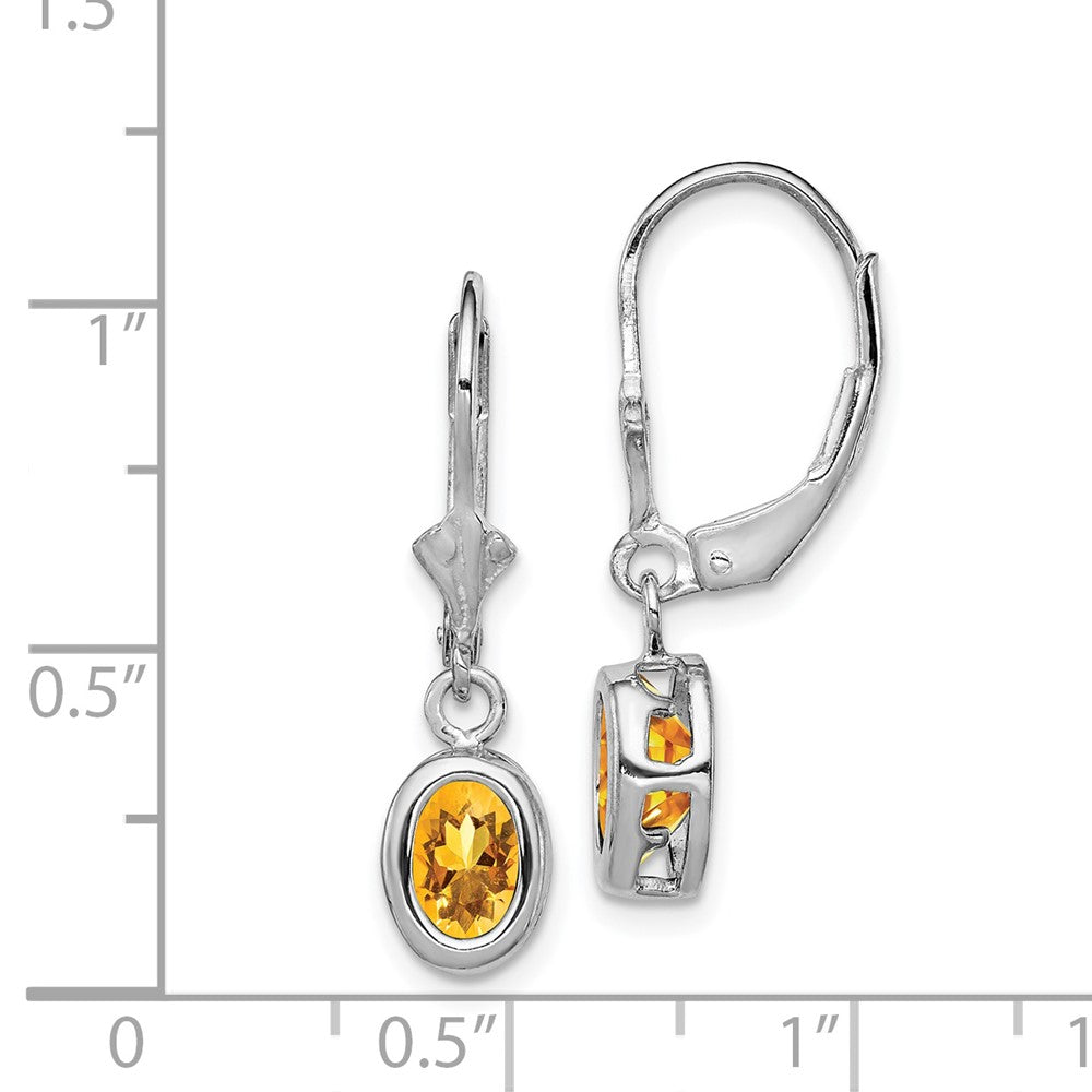 Rhodium-plated Sterling Silver 7x5mm Oval Citrine Leverback Earrings