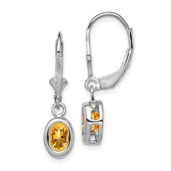 Rhodium-plated Sterling Silver 7x5mm Oval Citrine Leverback Earrings