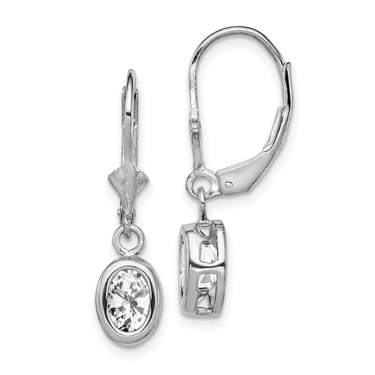 Rhodium-plated Sterling Silver 7x5mm Oval CZ Leverback Earrings