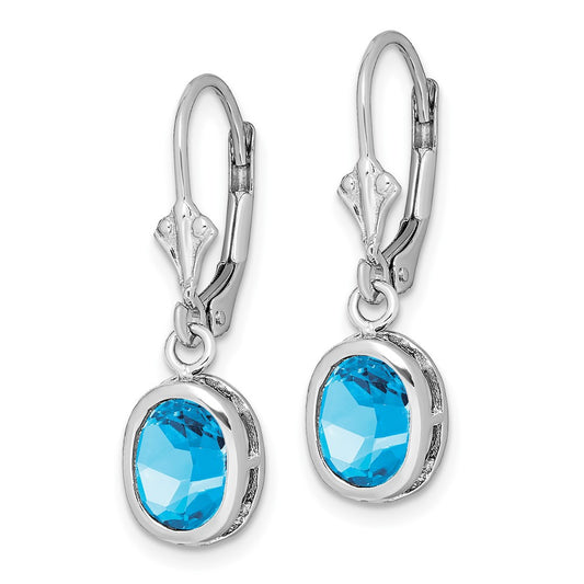 Rhodium-plated Sterling Silver 8x6mm Oval Blue Topaz Leverback Earrings