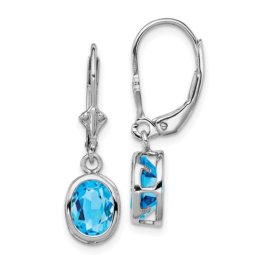 Rhodium-plated Sterling Silver 8x6mm Oval Blue Topaz Leverback Earrings