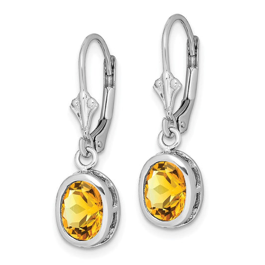 Rhodium-plated Sterling Silver 8x6mm Oval Citrine Leverback Earrings