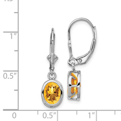 Rhodium-plated Sterling Silver 8x6mm Oval Citrine Leverback Earrings