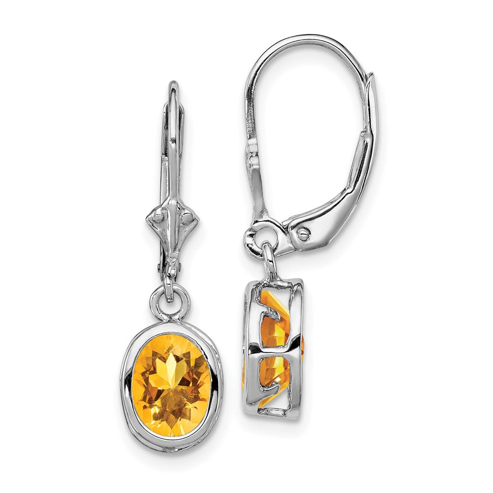 Rhodium-plated Sterling Silver 8x6mm Oval Citrine Leverback Earrings