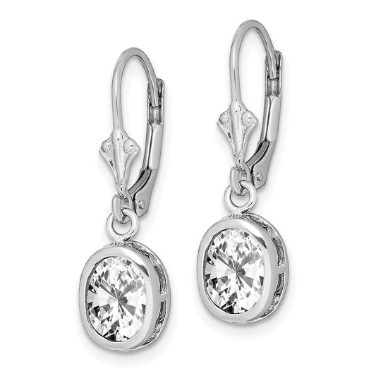 Rhodium-plated Sterling Silver 8x6mm Oval CZ Leverback Earrings