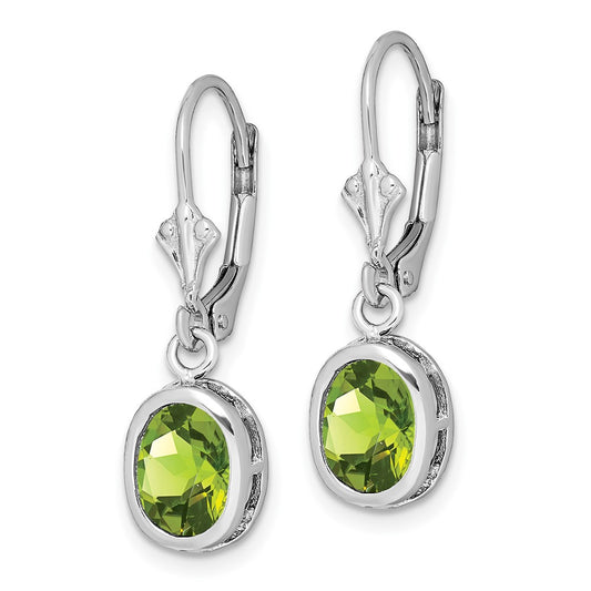 Rhodium-plated Sterling Silver 8x6mm Oval Peridot Leverback Earrings
