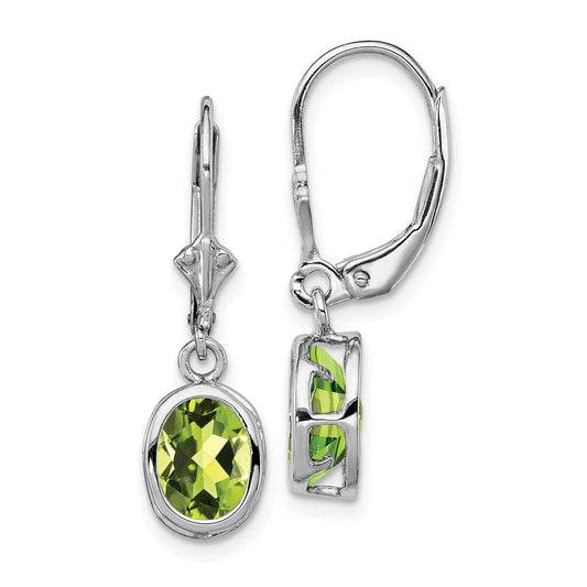 Rhodium-plated Sterling Silver 8x6mm Oval Peridot Leverback Earrings