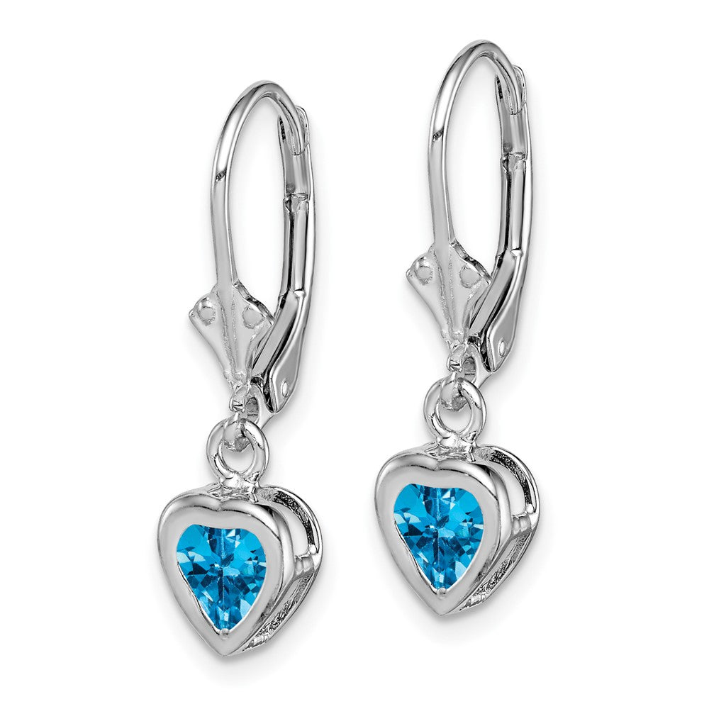 Rhodium-plated Sterling Silver 5mm Heart Blue Topaz Leverback Earrings