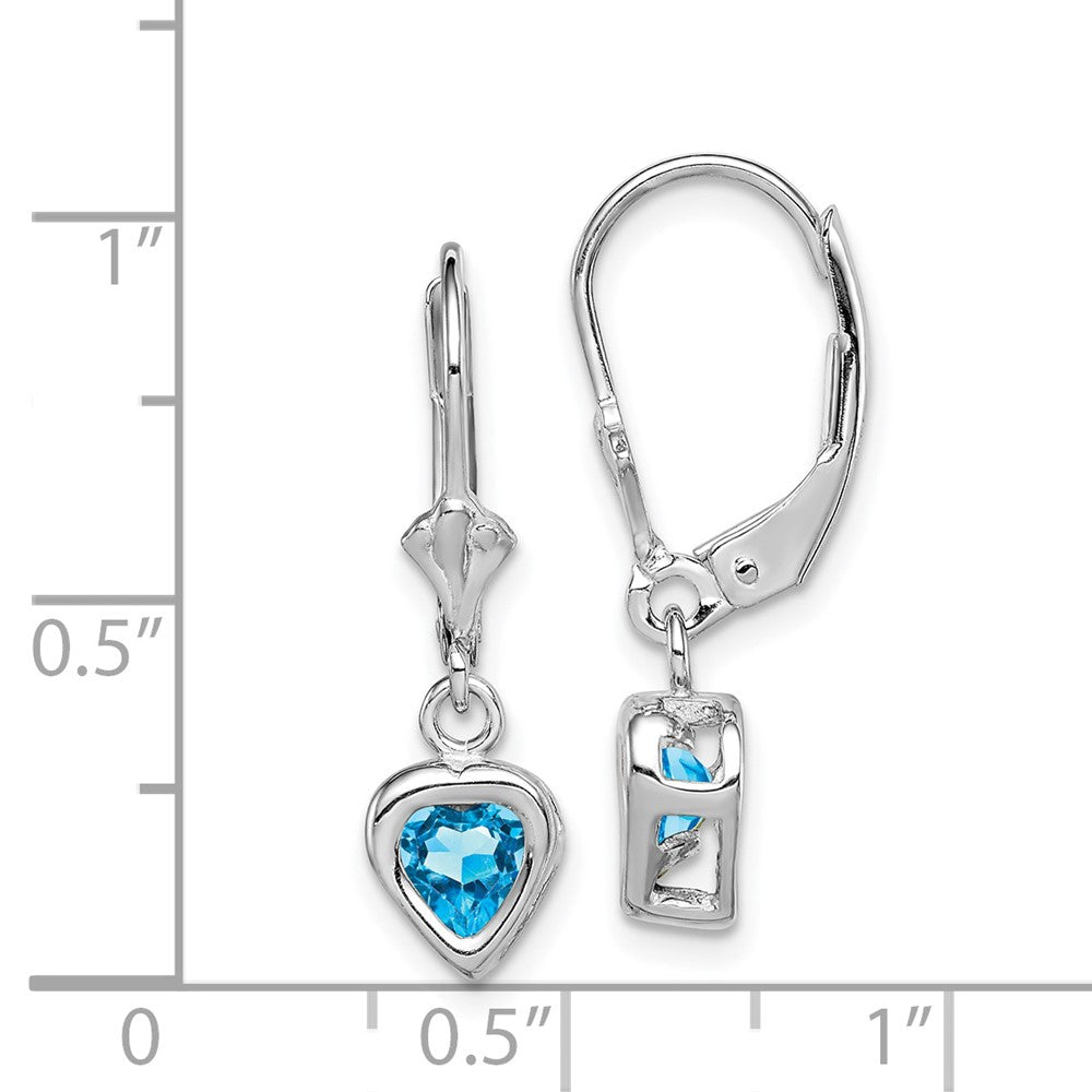 Rhodium-plated Sterling Silver 5mm Heart Blue Topaz Leverback Earrings