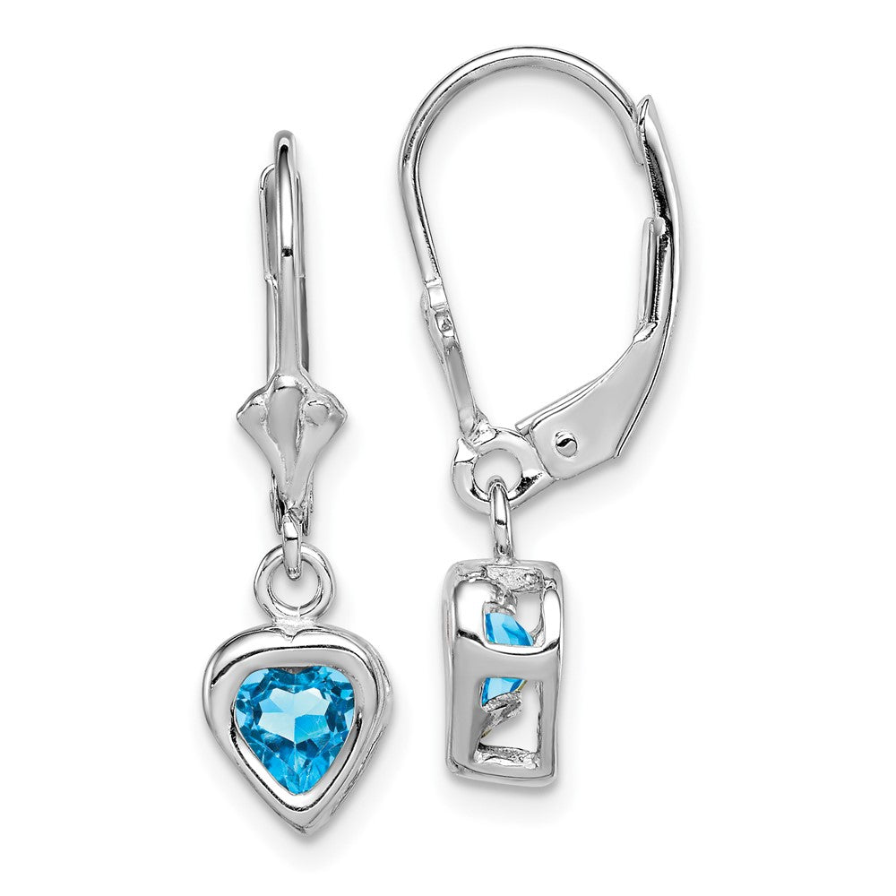 Rhodium-plated Sterling Silver 5mm Heart Blue Topaz Leverback Earrings