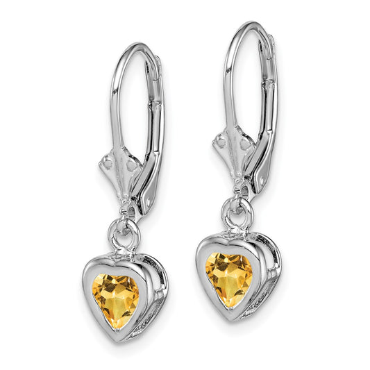 Rhodium-plated Sterling Silver 5mm Heart Citrine Leverback Earrings