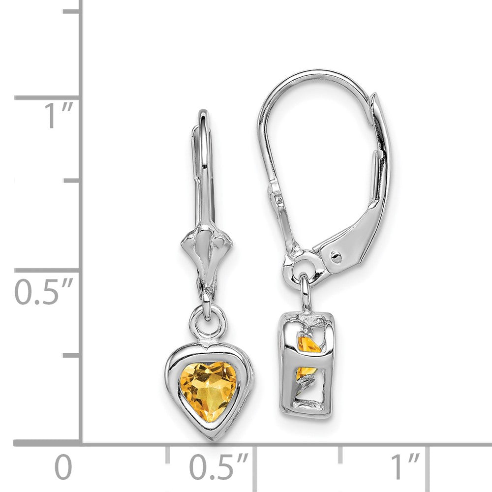 Rhodium-plated Sterling Silver 5mm Heart Citrine Leverback Earrings