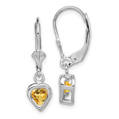 Rhodium-plated Sterling Silver 5mm Heart Citrine Leverback Earrings