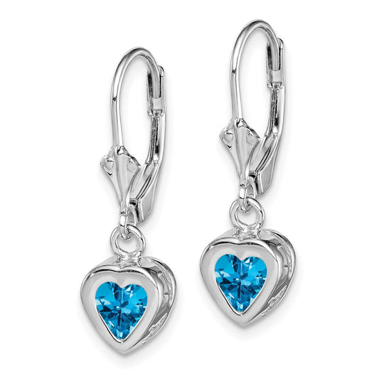 Rhodium-plated Sterling Silver 6mm Heart Blue Topaz Leverback Earrings