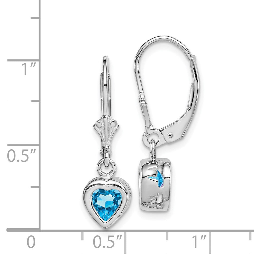 Rhodium-plated Sterling Silver 6mm Heart Blue Topaz Leverback Earrings