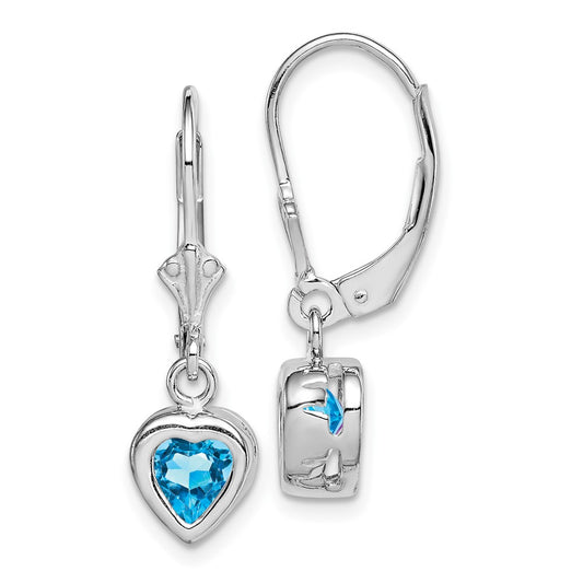 Rhodium-plated Sterling Silver 6mm Heart Blue Topaz Leverback Earrings