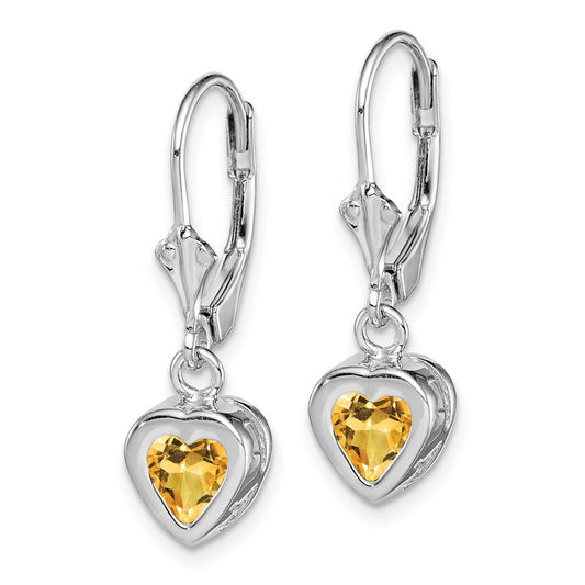 Rhodium-plated Sterling Silver 6mm Heart Citrine Leverback Earrings