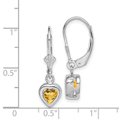 Rhodium-plated Sterling Silver 6mm Heart Citrine Leverback Earrings