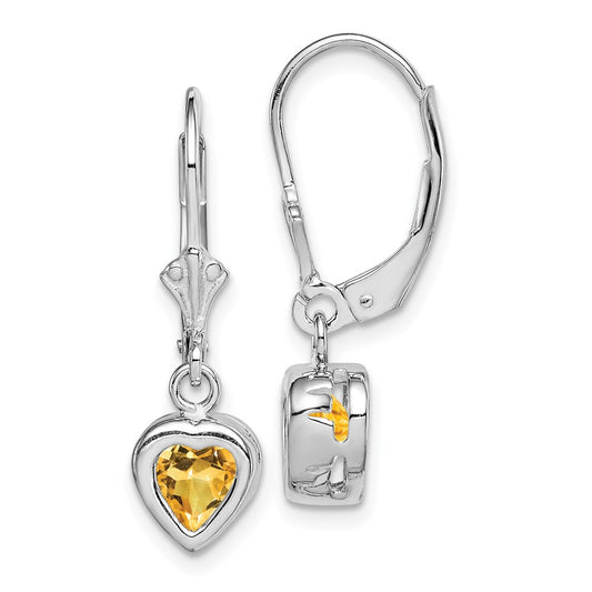 Rhodium-plated Sterling Silver 6mm Heart Citrine Leverback Earrings