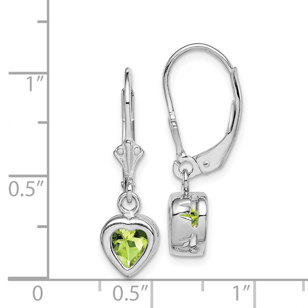 Rhodium-plated Sterling Silver 6mm Heart Peridot Leverback Earrings