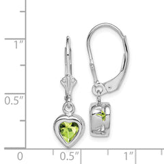 Rhodium-plated Sterling Silver 6mm Heart Peridot Leverback Earrings