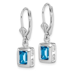 Rhodium-plated Sterling Silver 7x5 Emerald-cut Blue Topaz Leverback Earrings