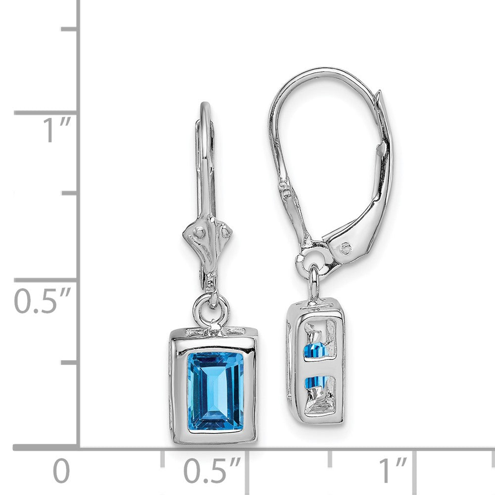 Rhodium-plated Sterling Silver 7x5 Emerald-cut Blue Topaz Leverback Earrings