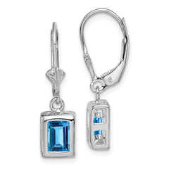 Rhodium-plated Sterling Silver 7x5 Emerald-cut Blue Topaz Leverback Earrings