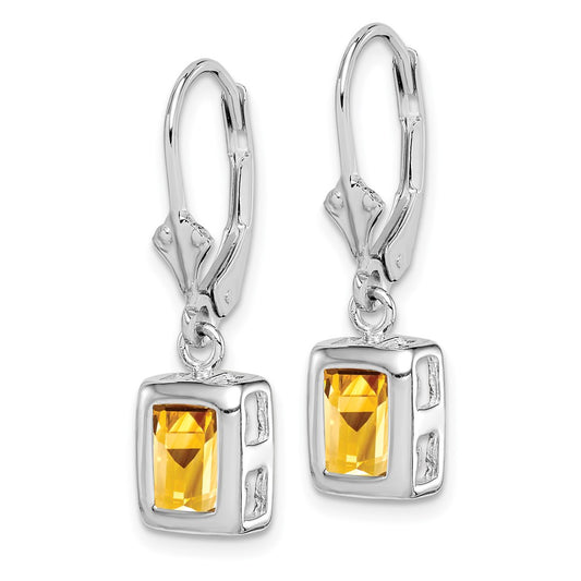 Rhodium-plated Sterling Silver 7x5 Emerald-cut Citrine Leverback Earrings