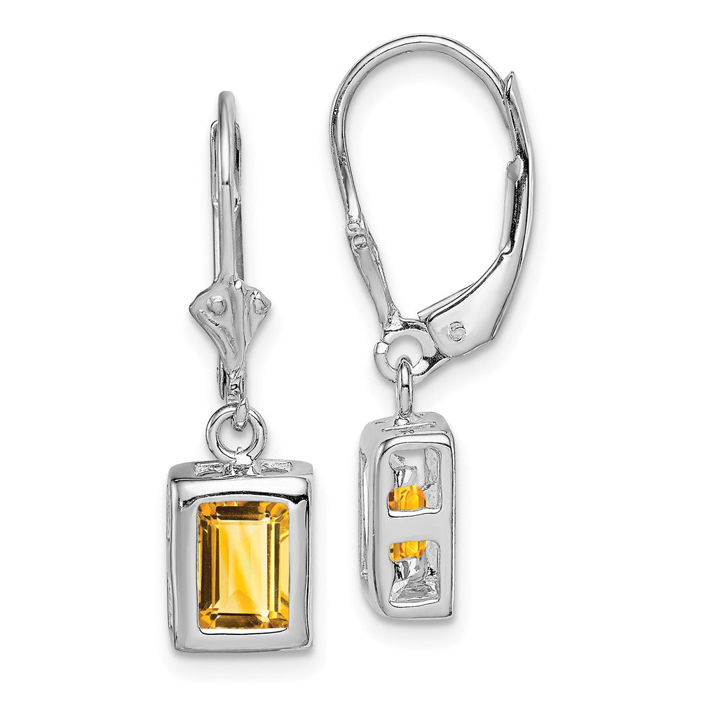Rhodium-plated Sterling Silver 7x5 Emerald-cut Citrine Leverback Earrings