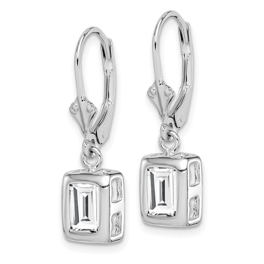 Rhodium-plated Sterling Silver 7x5 Emerald-cut CZ Leverback Earrings