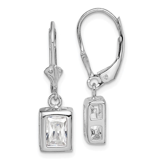 Rhodium-plated Sterling Silver 7x5 Emerald-cut CZ Leverback Earrings