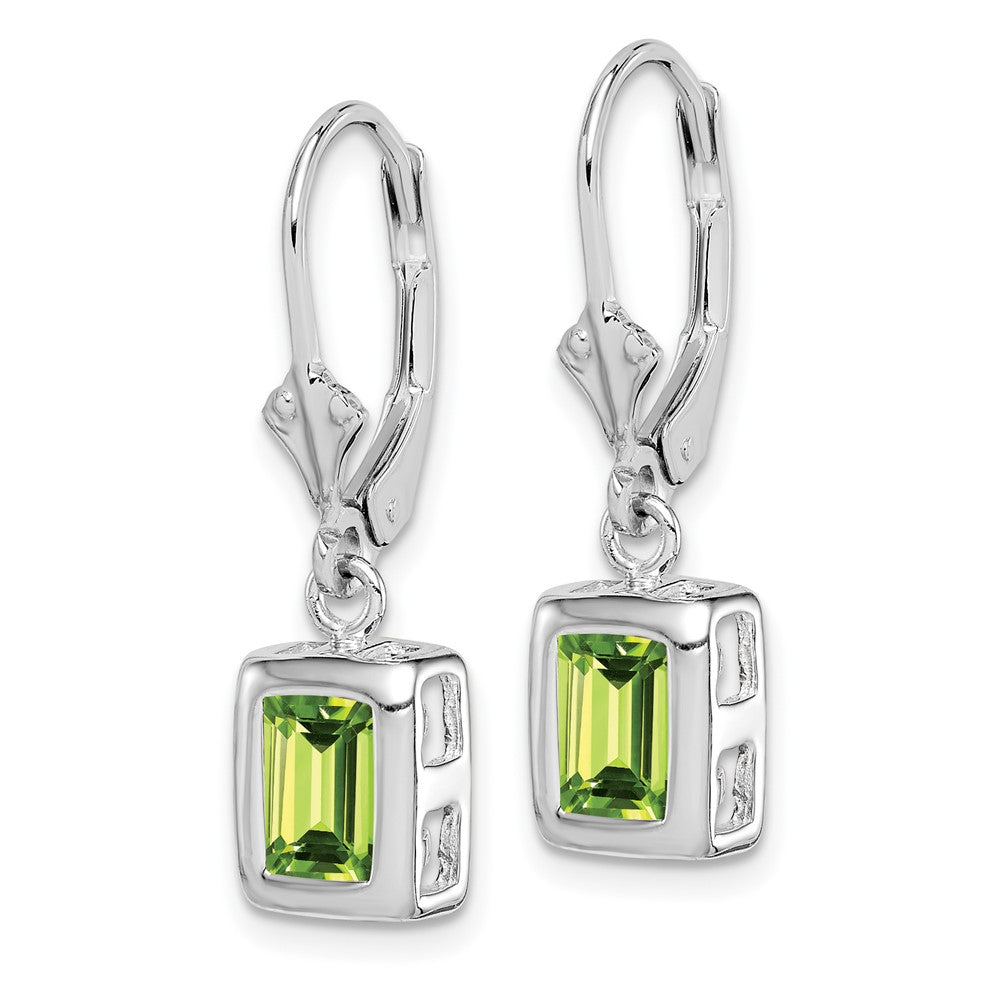 Rhodium-plated Sterling Silver 7x5 Emerald-cut Peridot Leverback Earrings