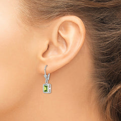 Rhodium-plated Sterling Silver 7x5 Emerald-cut Peridot Leverback Earrings