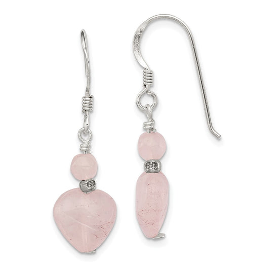 Sterling Silver Antiqued Rose Quartz Heart Earrings
