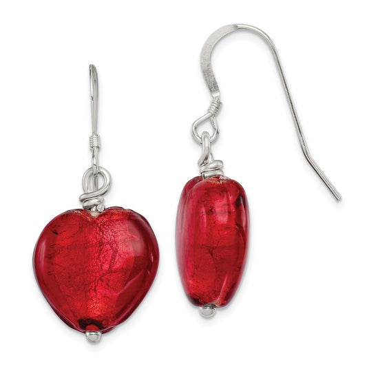 Sterling Silver Red Murano Glass Heart Dangle Earrings